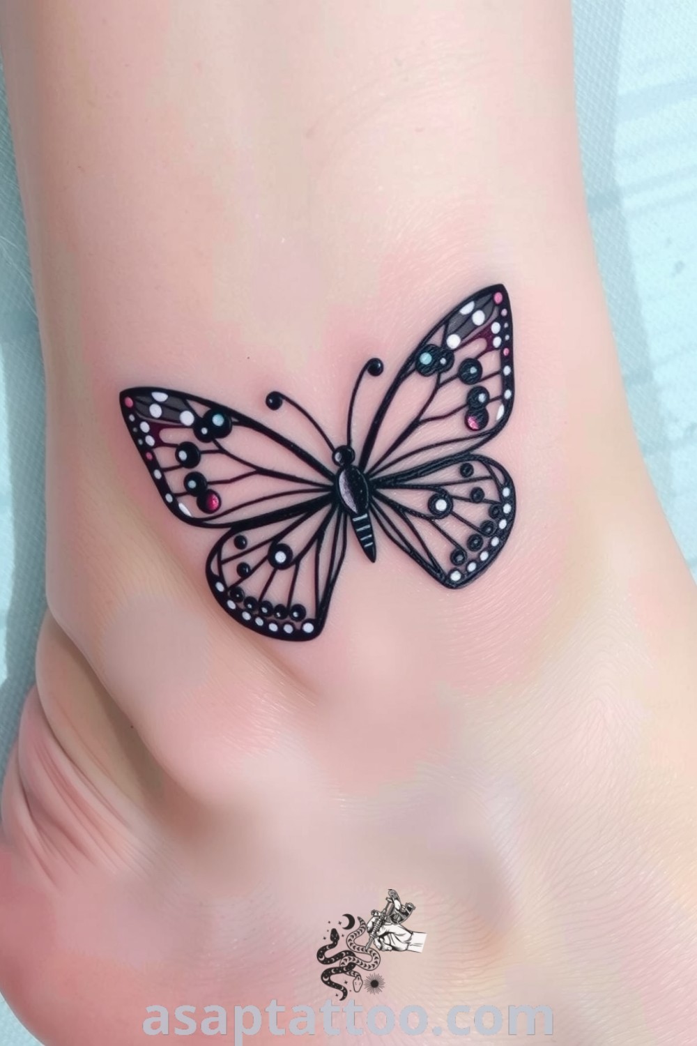 Dotwork butterfly tattoo on the ankle with intricate patterns and shading showcasing light and dark tones. An elegant tattoo idea that reflects personal significance and artistic beauty you must see. asaptattoo.com