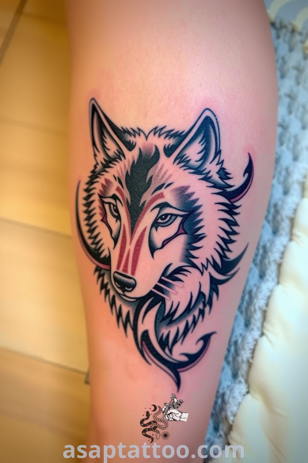 Intricate tattoo of a majestic wolf with detailed linework and deep shading, featuring rich blacks and earthy tones. A gorgeous tattoo idea that will inspire you to get inked. asaptattoo.com