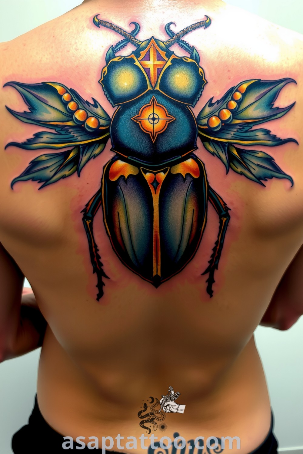 Intricately detailed sacred beetle tattoo in rich blue and gold tones on upper back, showcasing realistic linework and three-dimensional quality. A gorgeous tattoo idea you must see to believe. asaptattoo.com