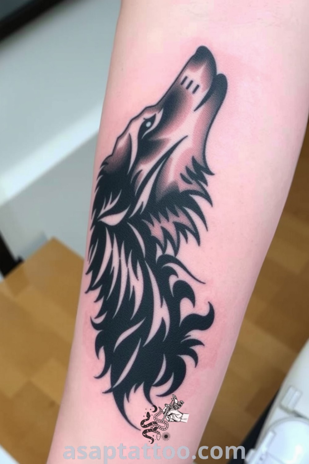 Negative space tattoo of a majestic wolf with intricate details, showcasing a fierce gaze and dynamic form. A gorgeous tattoo idea you must see, celebrating the spirit of the wild. asaptattoo.com