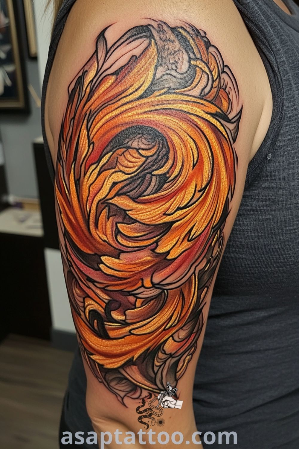 A vibrant fantasy phoenix tattoo adorned with fiery oranges and deep reds, showcasing elegant feathers in flight. An inspiring tattoo idea with deep meaning and stunning color depth you must see. asaptattoo.com