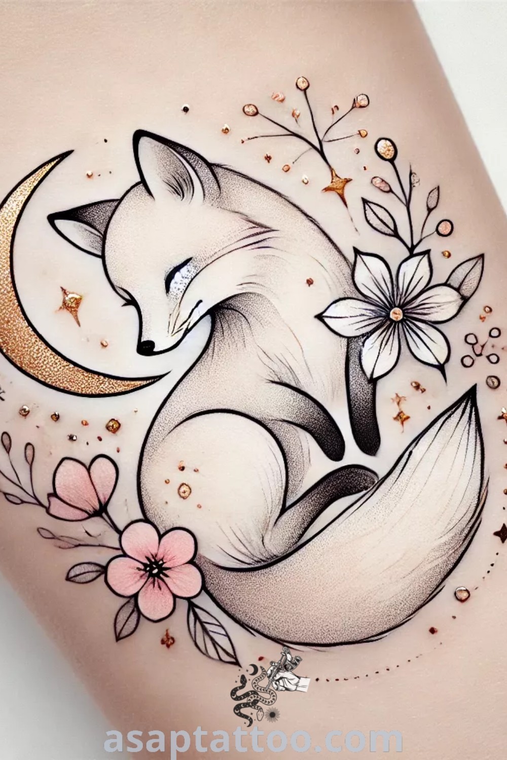 Delicate fox tattoo featuring a fox on its stomach with surrounding flowers, a unique tattoo idea for women full of artistic appeal. Discover inspiring tattoo designs at asaptattoo.com.