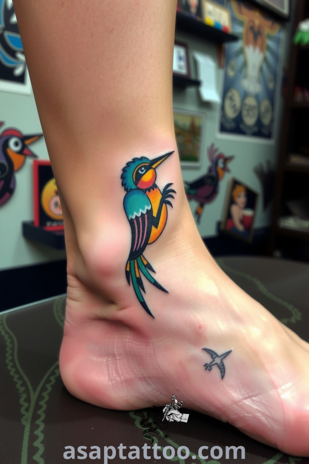 Folk art bird tattoo on the ankle with intricate linework and vibrant colors, showcasing organic beauty and freedom. An amazing tattoo idea you must see to believe. asaptattoo.com