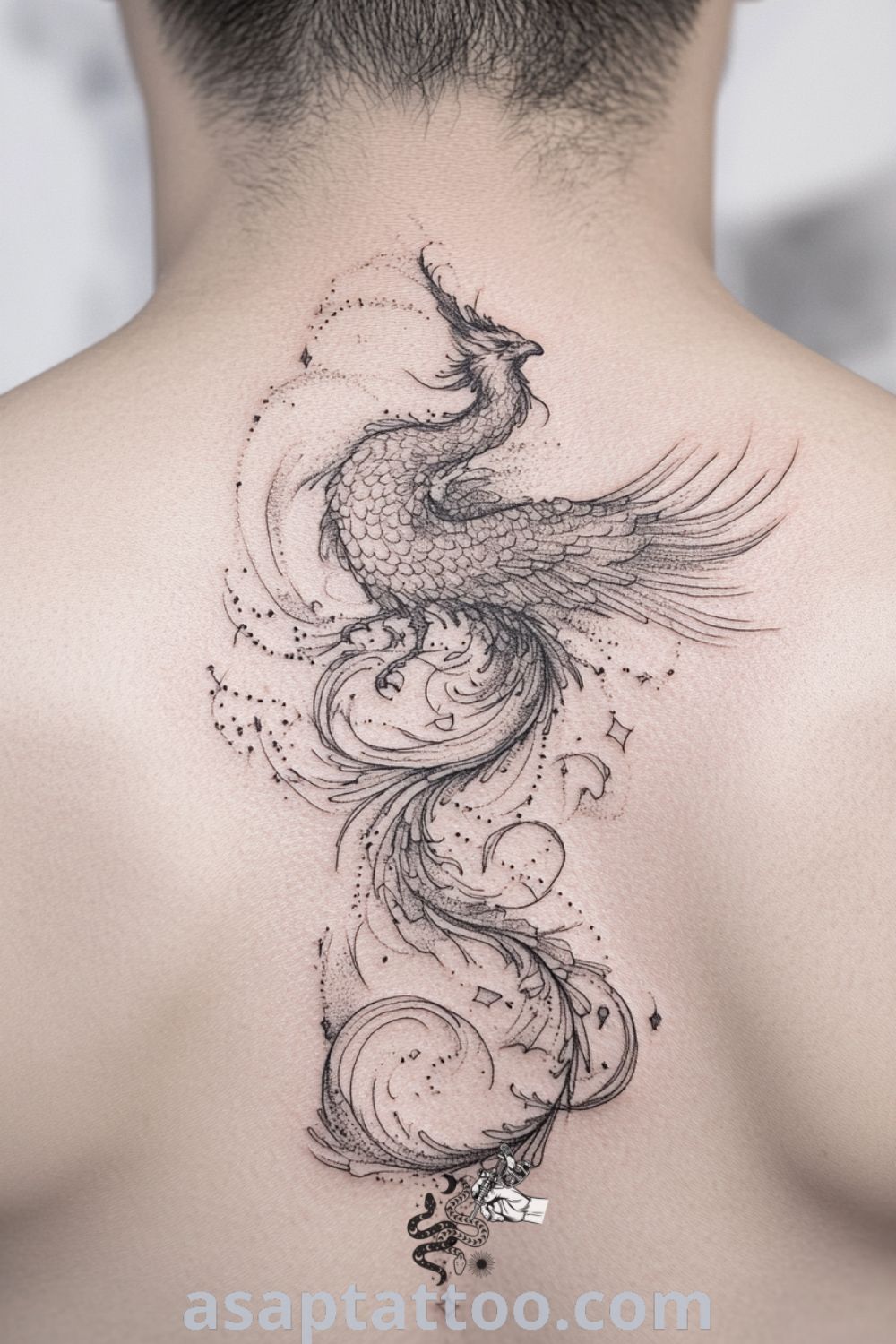 Fine line phoenix tattoo spiraling down the spine with intricate details and gradients of black, red, and gold. An elegant tattoo idea that inspires resilience and rebirth, perfect for decorating your body with meaningful art. asaptattoo.com