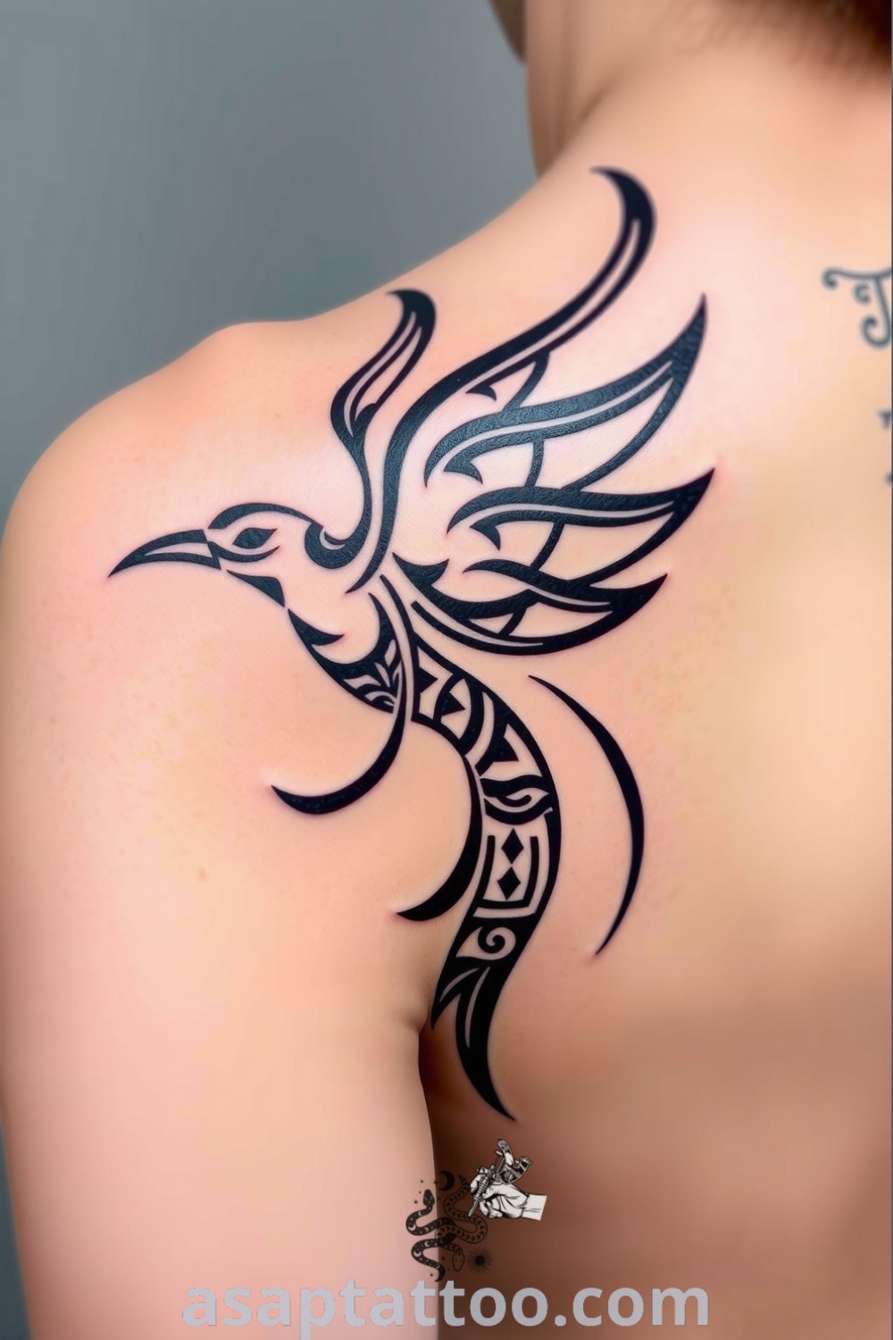 Tribal bird tattoo with bold black lines and intricate patterns, symbolizing freedom and strength. An elegant tattoo idea you must see to believe. asaptattoo.com