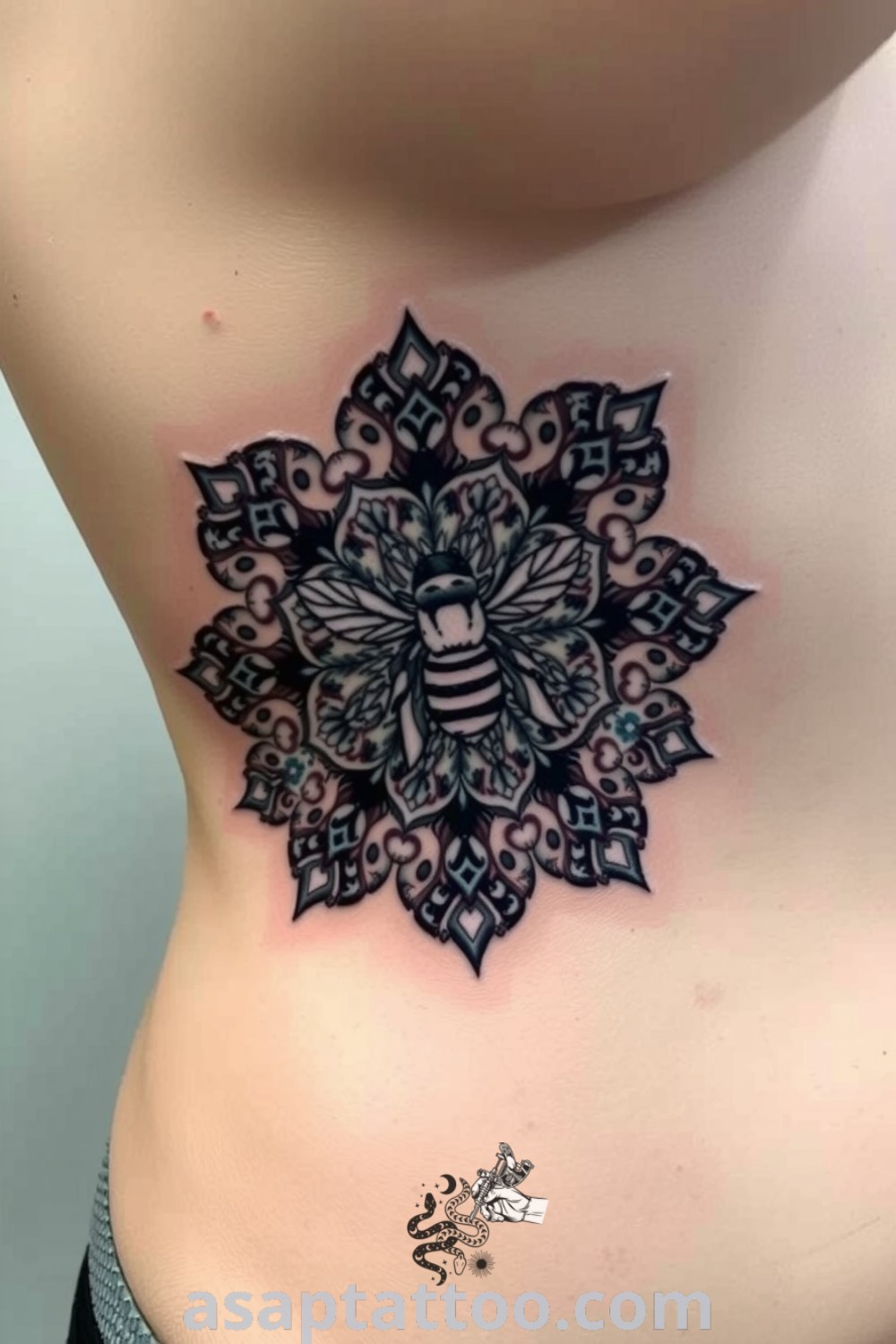 Intricate mandala bee tattoo with detailed linework and symmetrical patterns in rich black ink, showcasing harmony and balance. A gorgeous tattoo idea you must see to believe. asaptattoo.com