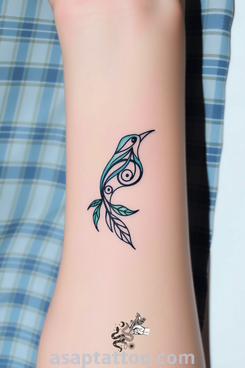 Ornamental bird tattoo with intricate linework and delicate feather details in shades of blue and green, creating an ethereal look that inspires you to get inked. asaptattoo.com