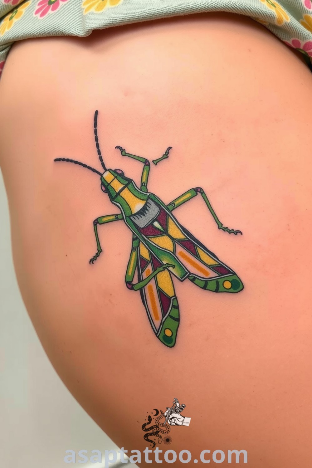 Detailed botanical grasshopper tattoo in green and earthy tones, showcasing intricate fine linework and gradients. An amazing tattoo idea that symbolizes transformation and resilience, perfect for anyone seeking meaningful body art. asaptattoo.com