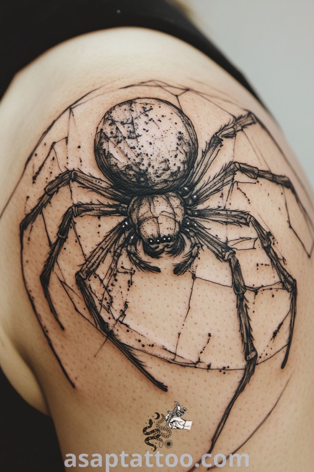 Anatomical spider tattoo intricately wrapping around the shoulder with detailed linework and shading, creating a three-dimensional effect. A gorgeous tattoo idea that you must see to believe. asaptattoo.com