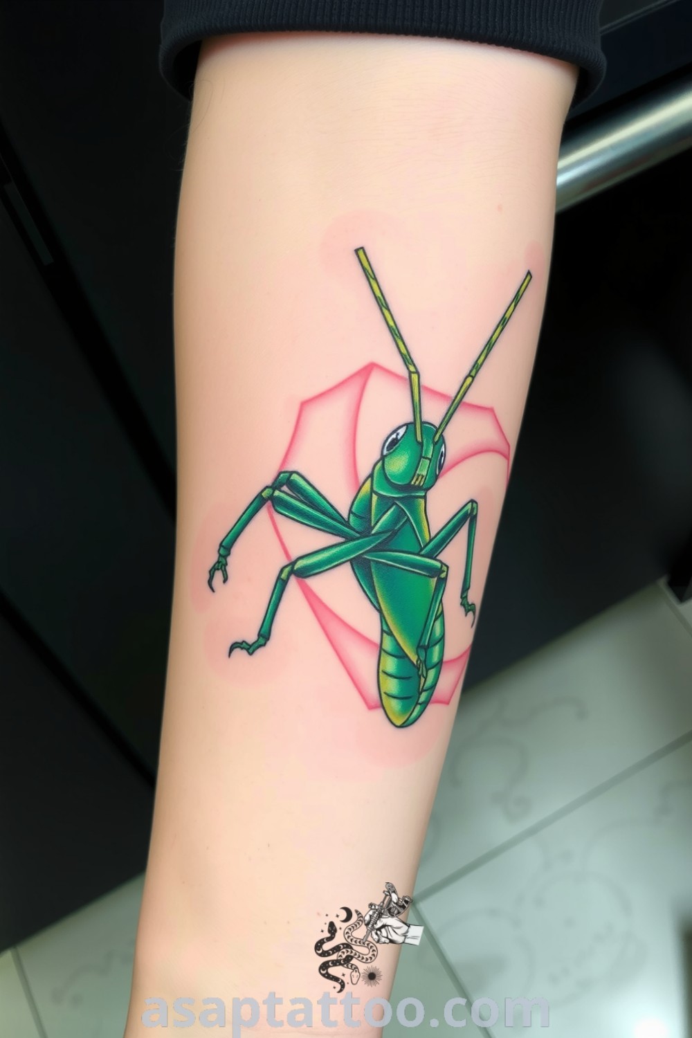 Futurist grasshopper tattoo with geometric lines and vibrant green hues, portraying dynamic movement. This is one of the best tattoo ideas you have to see to believe. asaptattoo.com
