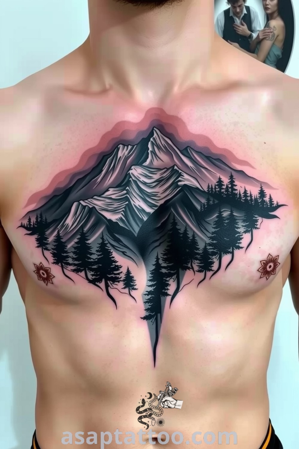 Gothic mountain and forest tattoo with intricate linework and deep blacks, showcasing peaks and trees in stunning light and shadow. A gorgeous tattoo idea you must see to believe. asaptattoo.com