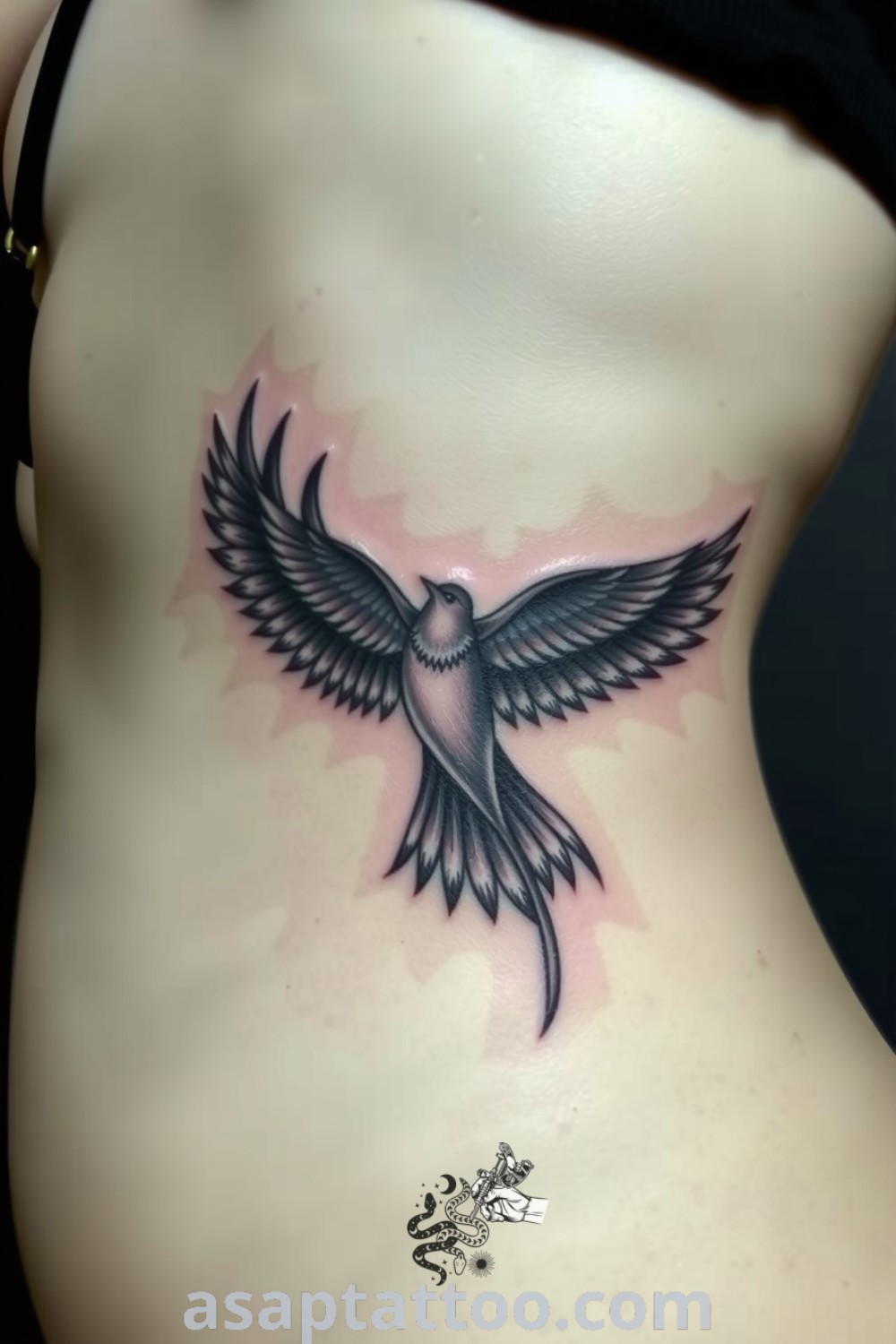 Blackwork bird tattoo with intricate linework and shading on the ribs, symbolizing freedom and personal meaning. A gorgeous tattoo idea you must see to believe. asaptattoo.com