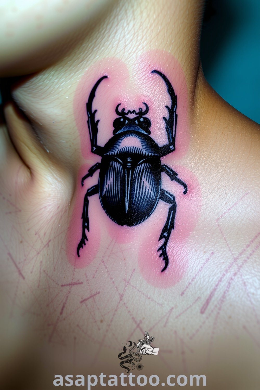 Shadowed beetle tattoo with intricate detailing in deep black inks and soft gradients, symbolizing resilience and transformation. A gorgeous tattoo idea you must see to believe. asaptattoo.com
