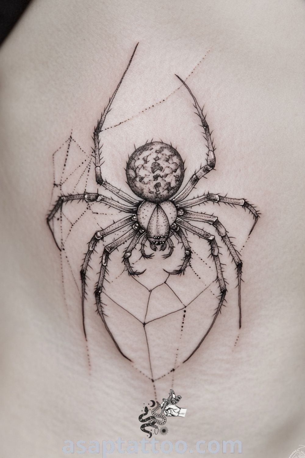 Surrealist spider tattoo with intricate lines in rich blacks and deep grays, symbolizing transformation and resilience. A gorgeous tattoo design you must see to believe. asaptattoo.com