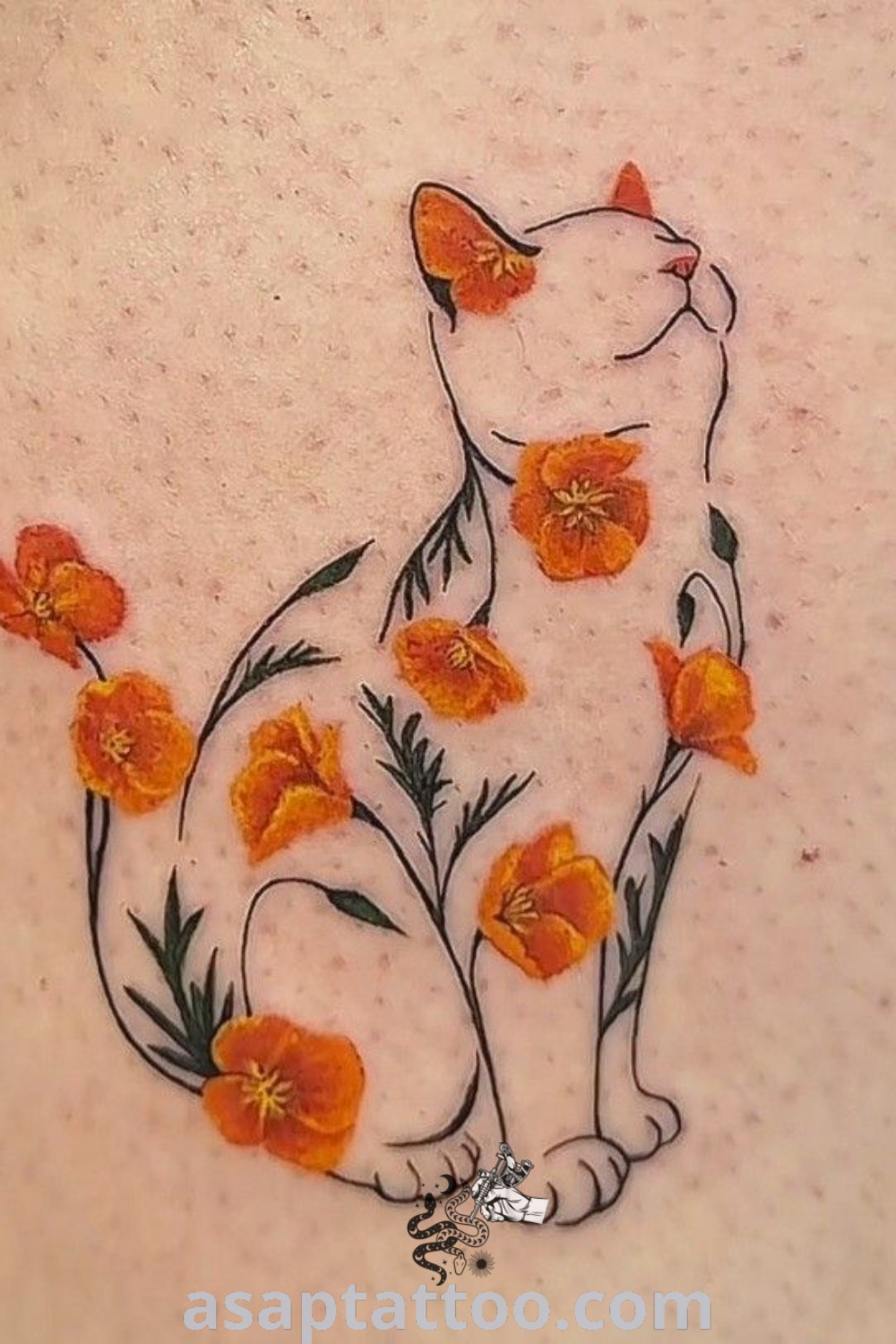 Charming cat tattoo featuring orange flowers on its back, showcasing a stunning blend of feminine cat tattoos and nature-inspired designs. Discover this inspiring tattoo at asaptattoo.com.