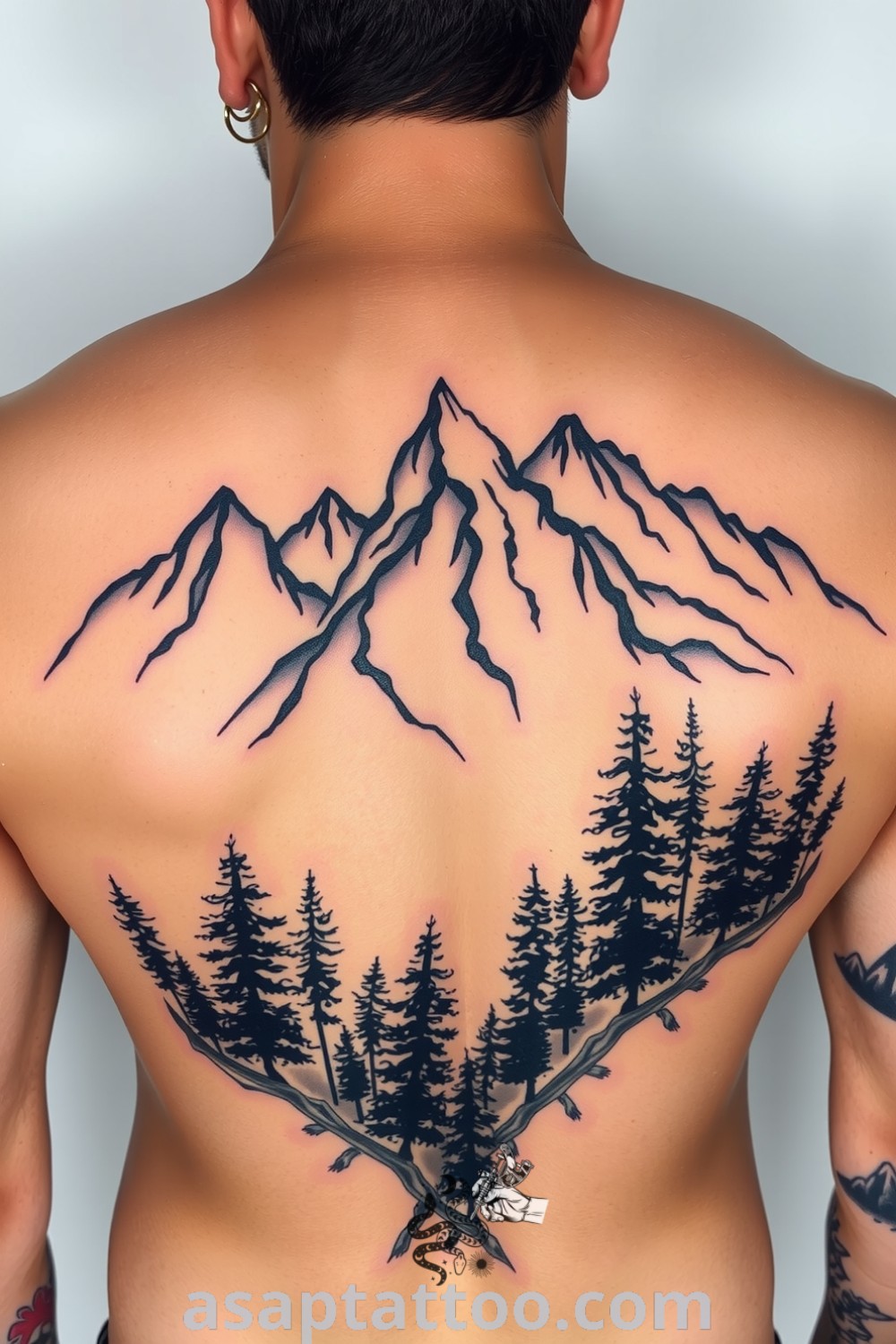 Etching-style mountains and forest tattoo on medium skin tone with bold linework and subtle gradients, creating depth and texture. A gorgeous tattoo that will inspire you to get inked. asaptattoo.com