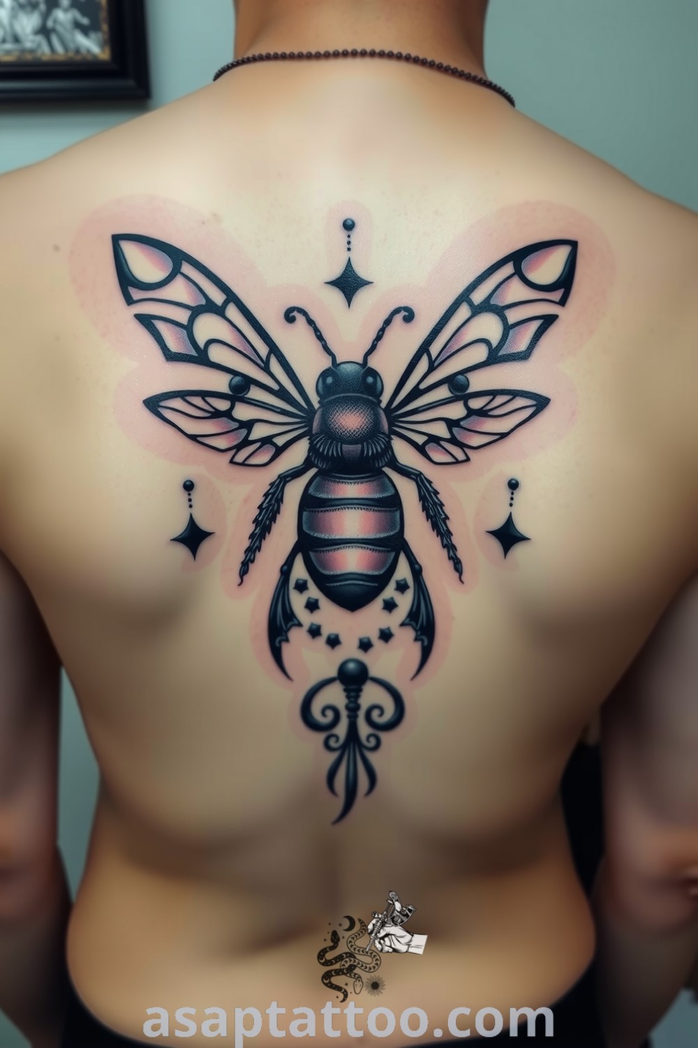 Gothic bee tattoo with intricate linework, deep black ink, and shaded wings, combining artistry with symbolism. An elegant tattoo idea that you must see to believe. asaptattoo.com