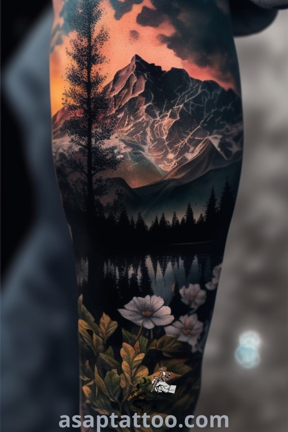 Mountain tattoo sleeve for men showcasing a stunning landscape with flowers and waterfalls. A perfect example of realistic nature tattoo art that will inspire you to get inked. Explore more amazing ideas at asaptattoo.com.