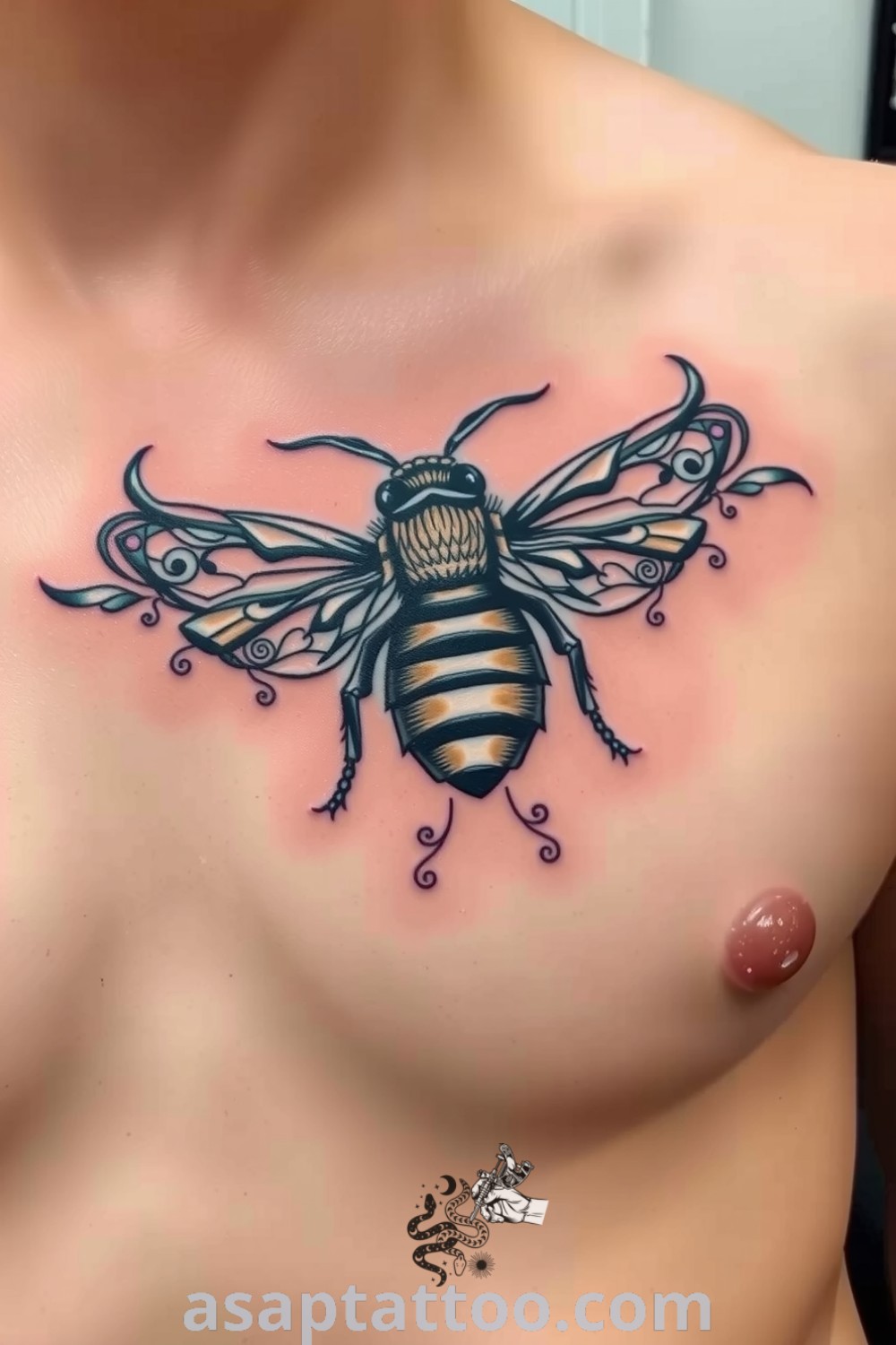 An ornate Baroque bee tattoo with intricate swirling patterns in dark ink, highlighting its textured body and wings. A stunning design symbolizing diligence and community, an amazing tattoo idea you must see. asaptattoo.com