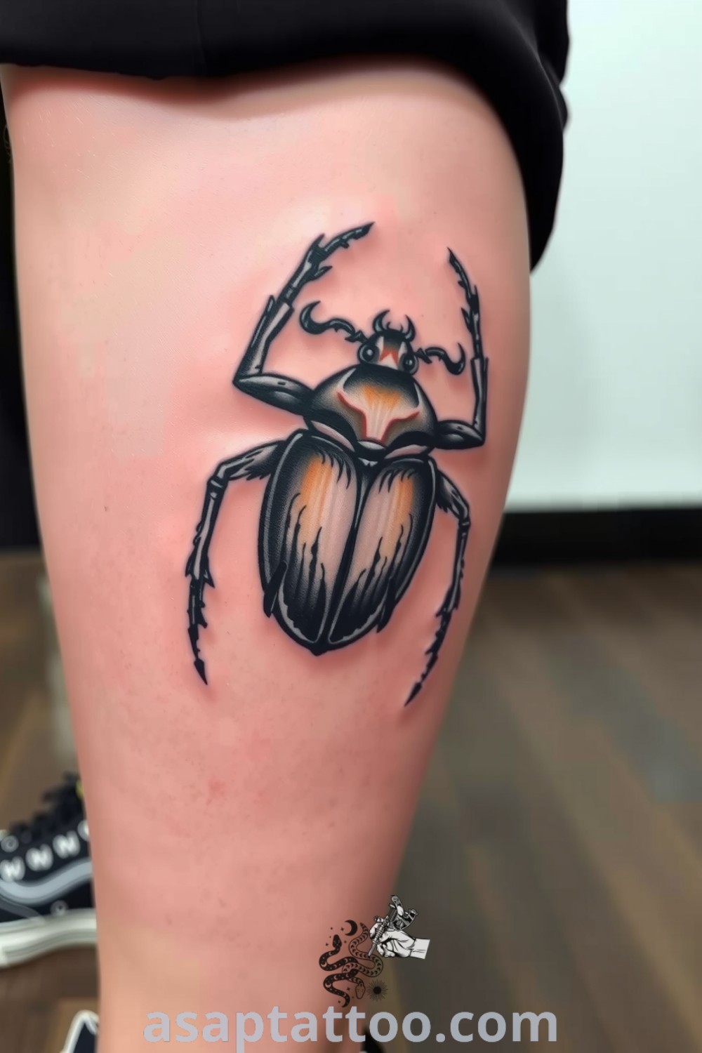 Intricate grunge beetle tattoo with detailed linework and earthy tones, creating a striking contrast on light skin. A gorgeous tattoo idea you must see that embodies nature