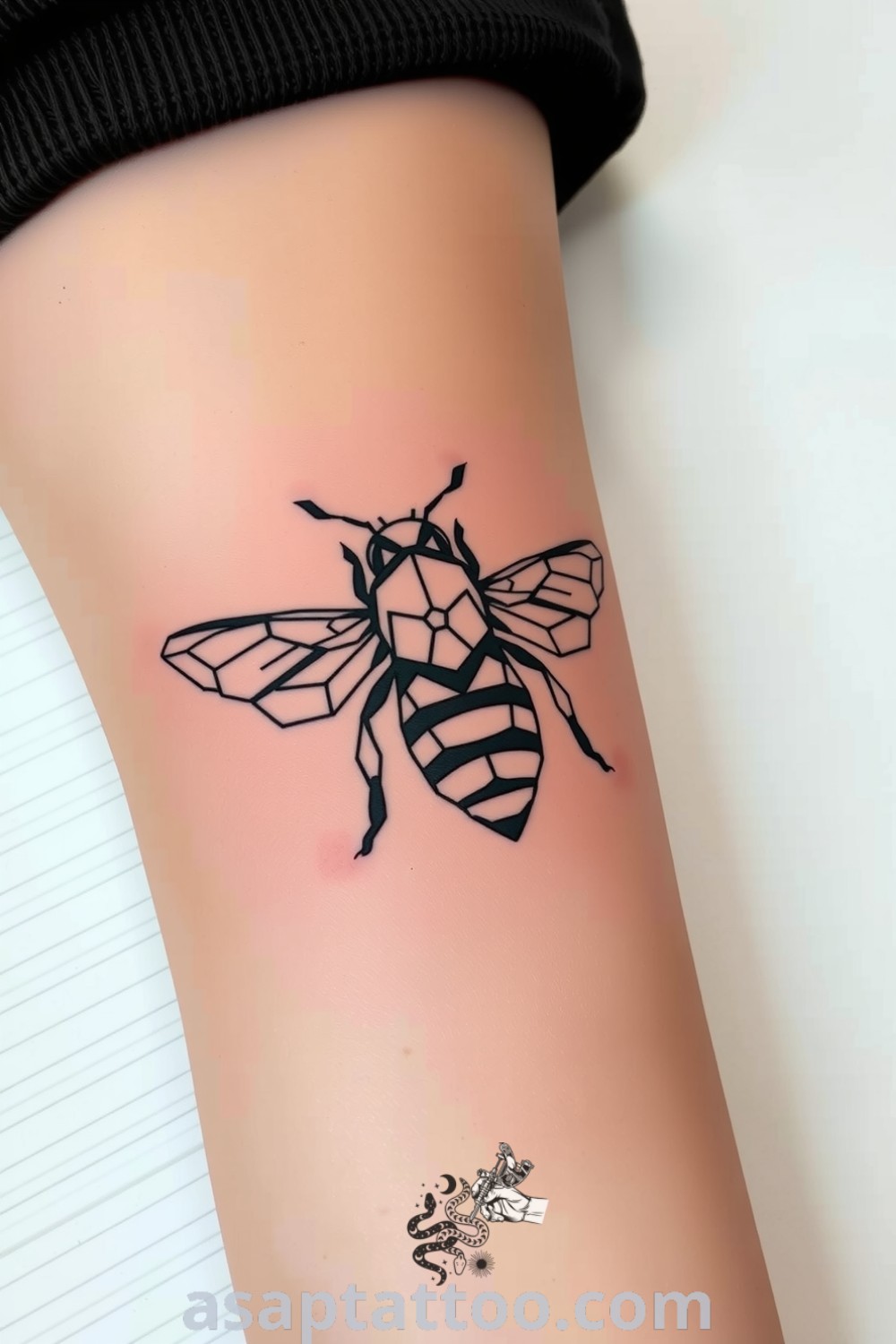 Geometric bee tattoo with intricate lines and rich ink saturation, showcasing movement and vitality. A gorgeous tattoo idea you must see to believe. asaptattoo.com