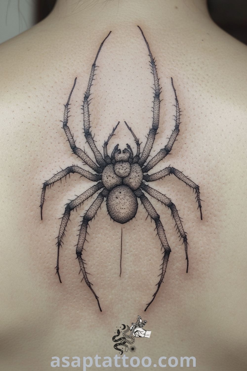 Intricate dotwork spider tattoo on upper back, featuring dense black dots and gradients for depth. A gorgeous tattoo idea to inspire you to get inked. asaptattoo.com