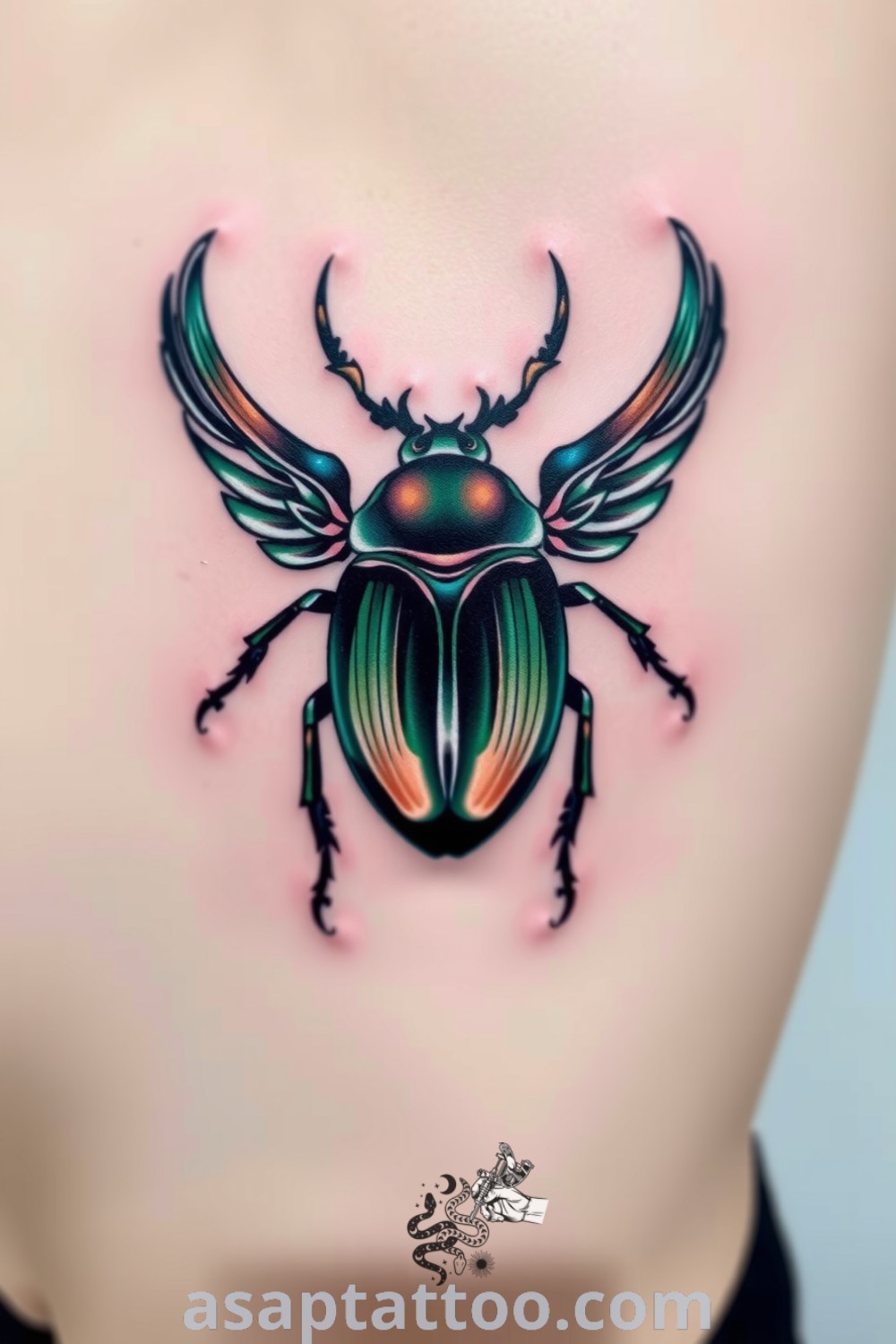 Stylized beetle tattoo on lower back with emerald greens and blacks, featuring fluid lines and symmetry. A gorgeous design that will inspire you to get inked. asaptattoo.com