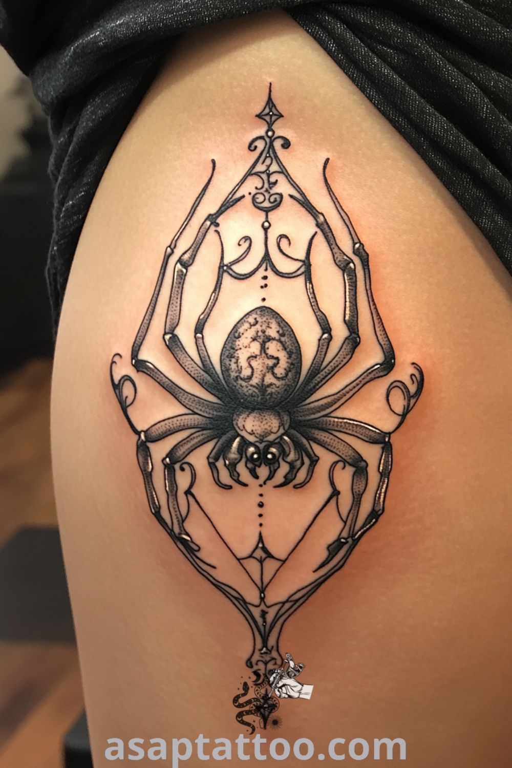 Intricate art nouveau spider tattoo with deep black lines and soft gray shading, beautifully complementing the body