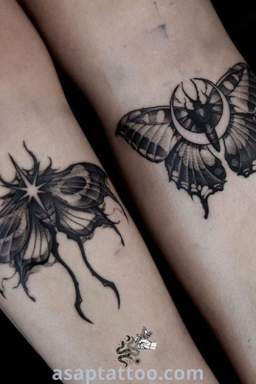 Matching gothic butterfly tattoos on both legs, one black and one grey with white accents. An artistic design that inspires and offers cute knee tattoo ideas. Discover more at asaptattoo.com.