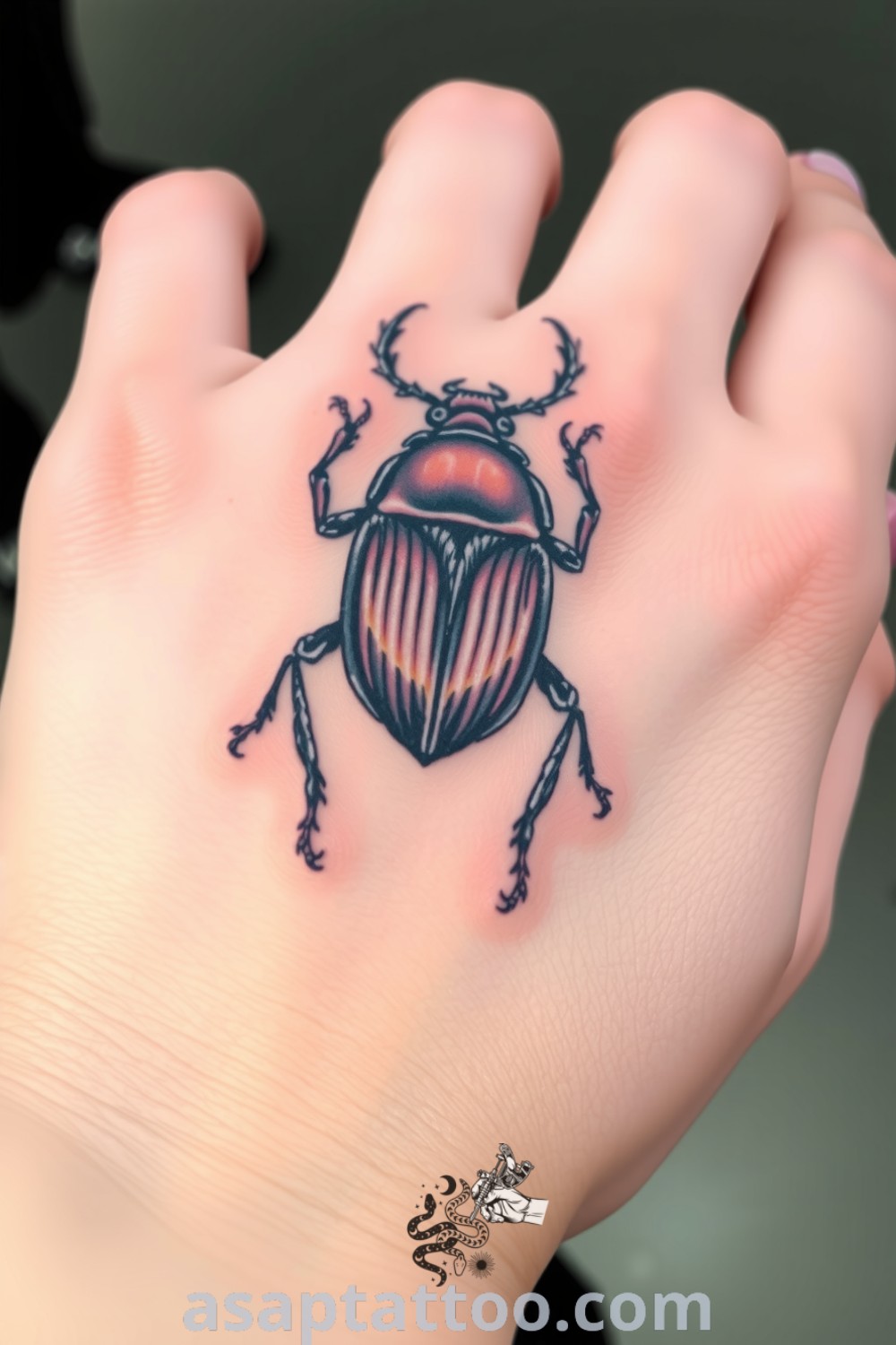 Detailed beetle tattoo with intricate linework and deep black carapace, contrasted by subtle shading for depth. This gorgeous tattoo idea you must see to believe. asaptattoo.com