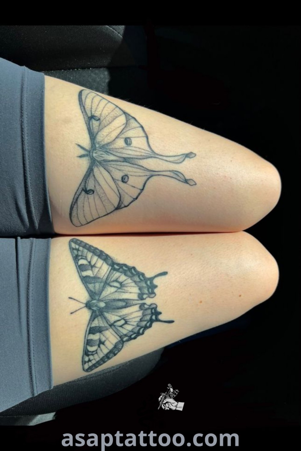 Two women with stunning matching tattoos on their legs, featuring a butterfly tattoo knee on one and an elegant moth tattoo calf on the other. Explore amazing tattoo ideas that inspire, with designs featured on asaptattoo.com.