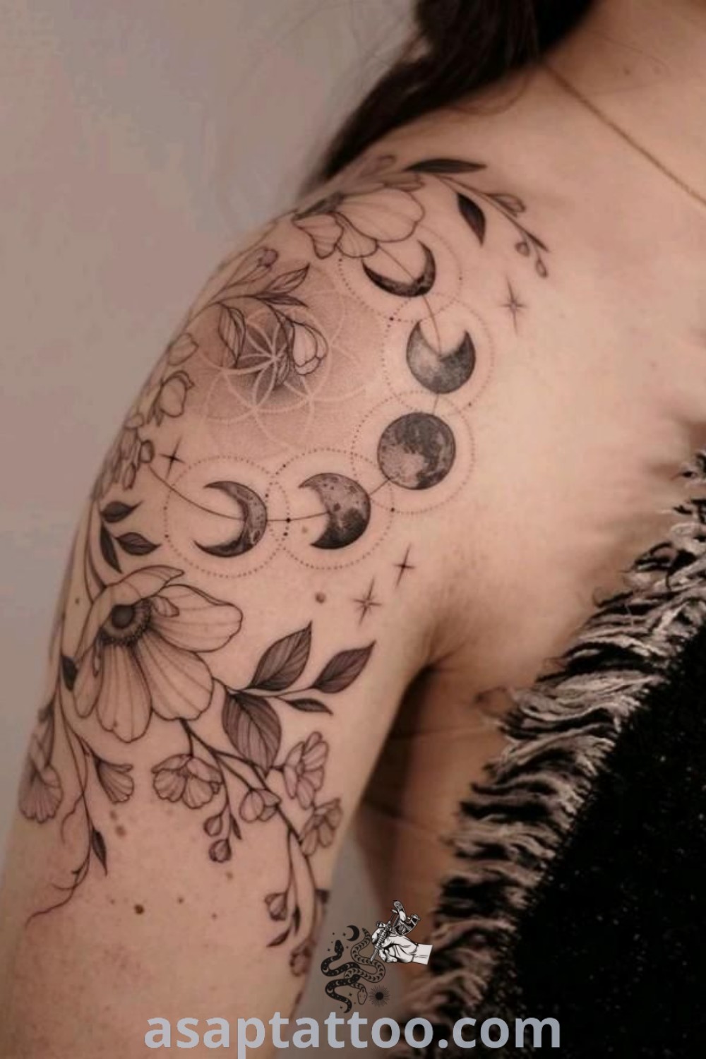 Elegant shoulder and sleeve tattoos for women, including celestial designs and boho styles. Stunning art to inspire your next ink from asaptattoo.com.