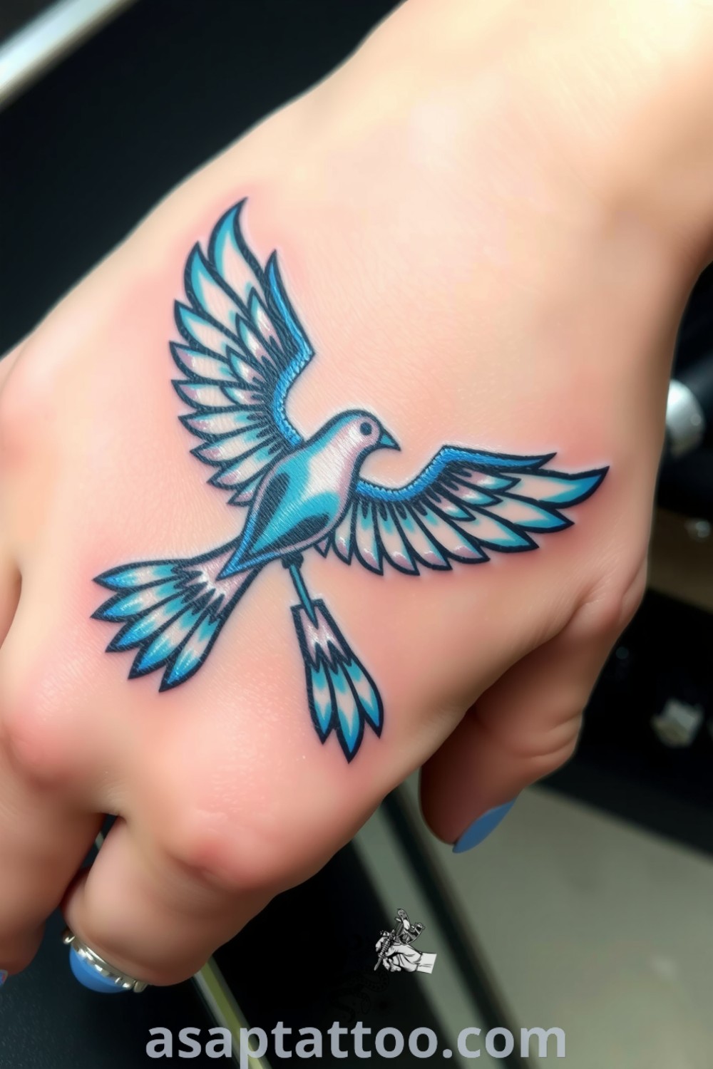 Metallic bird tattoo on the back of the hand with intricate linework and shimmering silver and blue wings, reflecting light beautifully. A gorgeous tattoo that will inspire you to get inked. asaptattoo.com