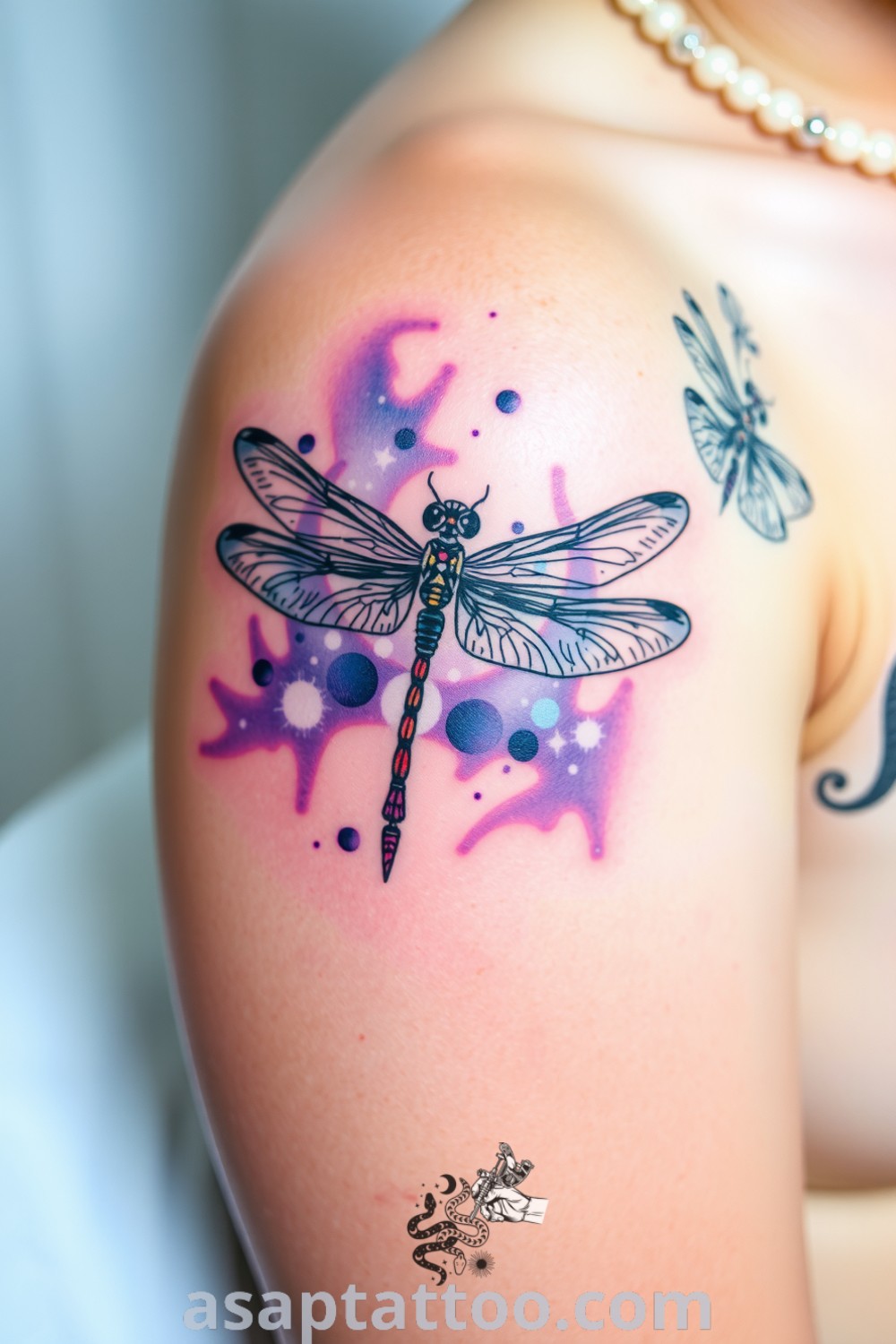 Cosmic dragonfly tattoo with intricate linework and deep blue and violet hues, creating an ethereal design. A gorgeous tattoo idea that symbolizes transformation you must see. asaptattoo.com