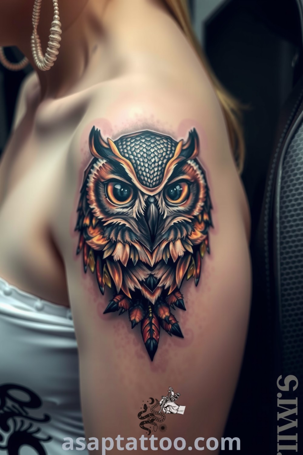 3D tattoo of a majestic owl on the upper arm, featuring intricate feather details and a striking gaze. A gorgeous tattoo idea you must see to believe. asaptattoo.com