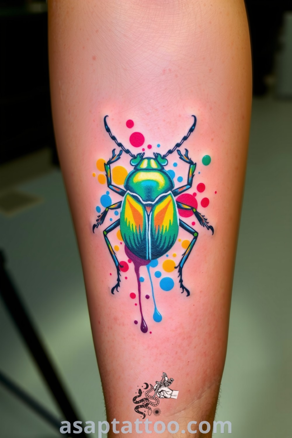 Intricate beetle tattoo with iridescent greens, deep blues, and striking yellows, featuring detailed linework and organic color flow. A gorgeous tattoo idea that will inspire you to get inked. asaptattoo.com