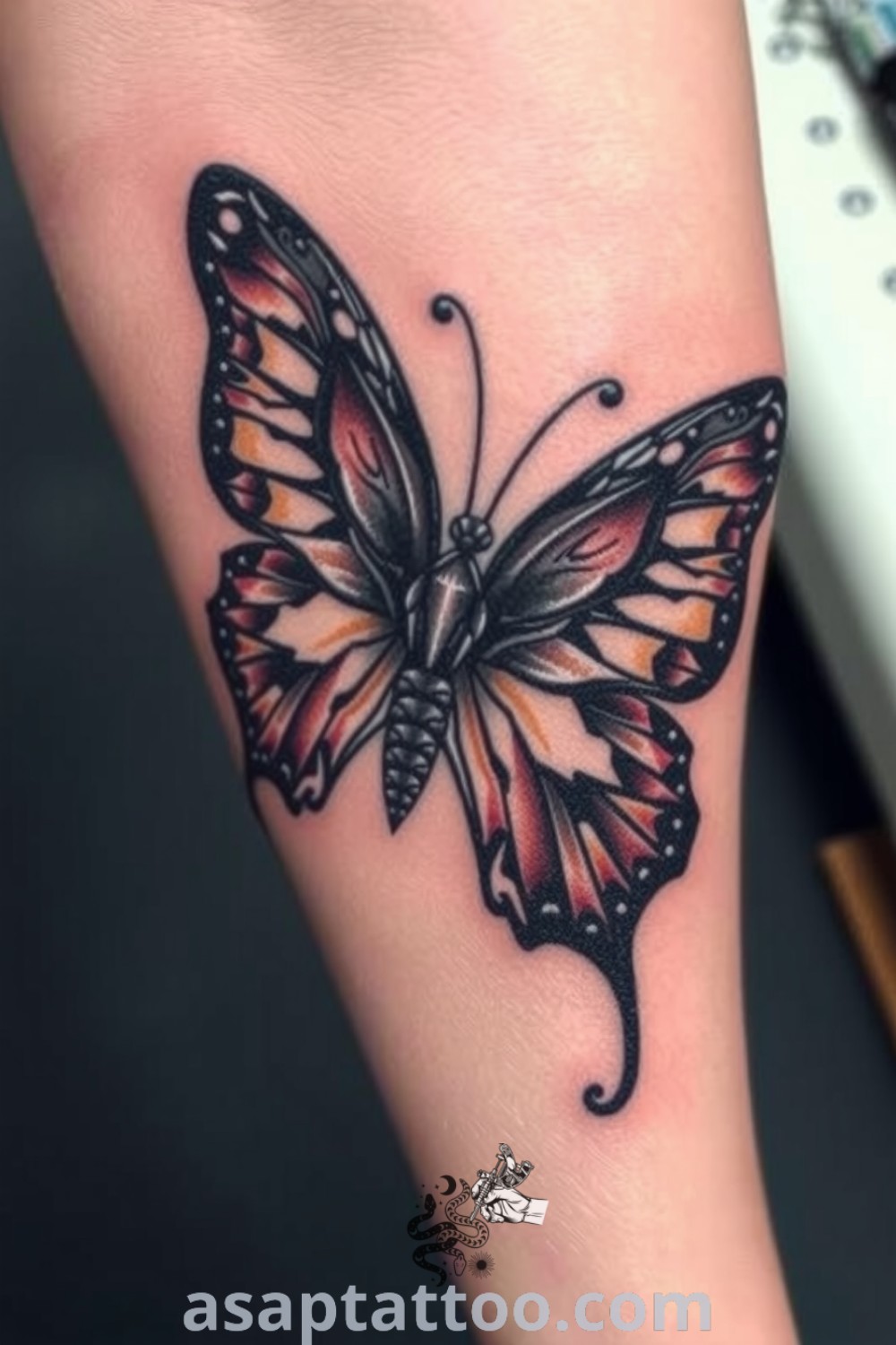 Gothic butterfly tattoo with intricate linework and dark-light shades creating depth and realism. A gorgeous tattoo idea you must see to believe that reflects transformation and beauty. asaptattoo.com