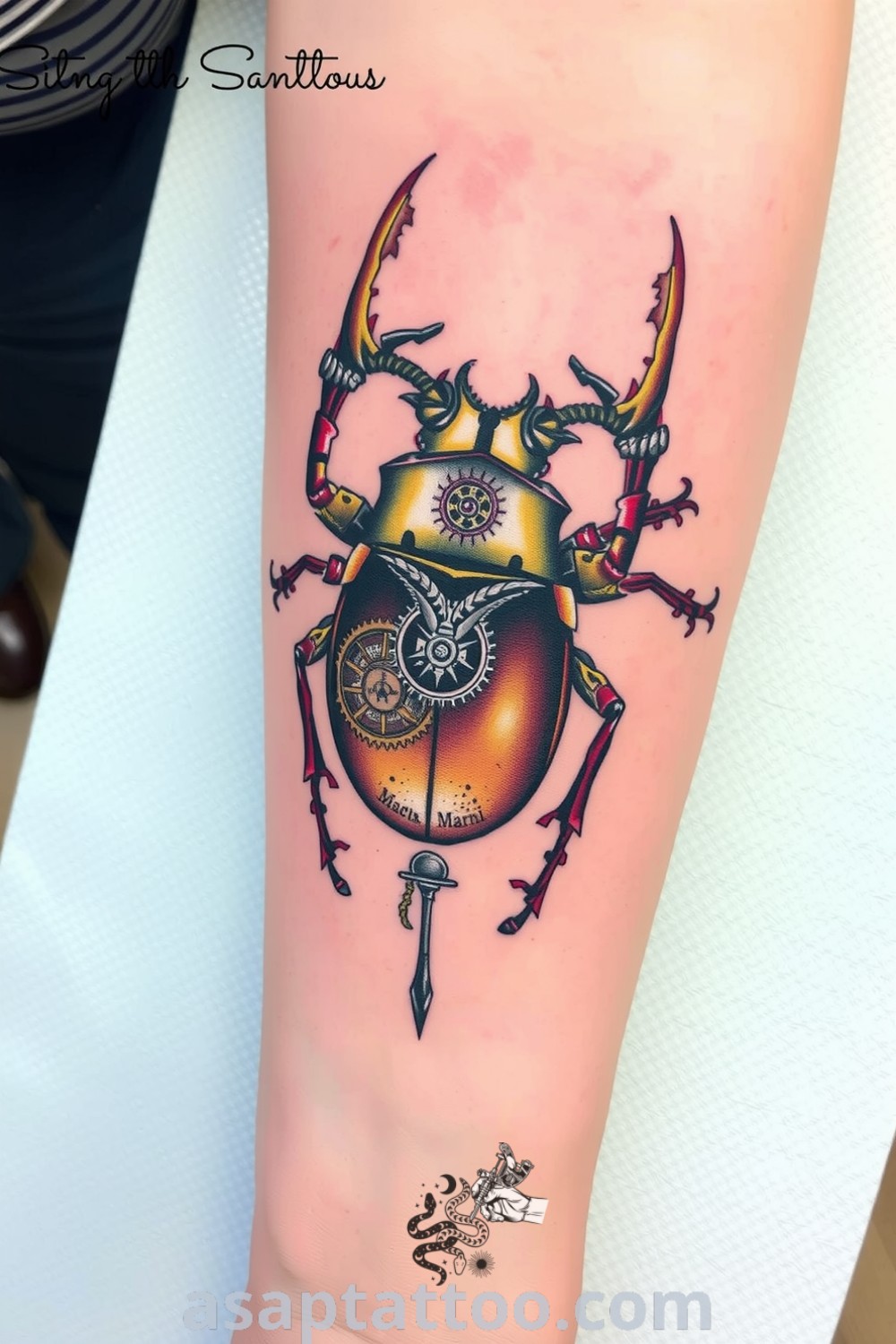 Steampunk beetle tattoo with intricate gears and metallic brass and copper tones, creating a three-dimensional effect. A gorgeous tattoo idea you must see to believe. asaptattoo.com