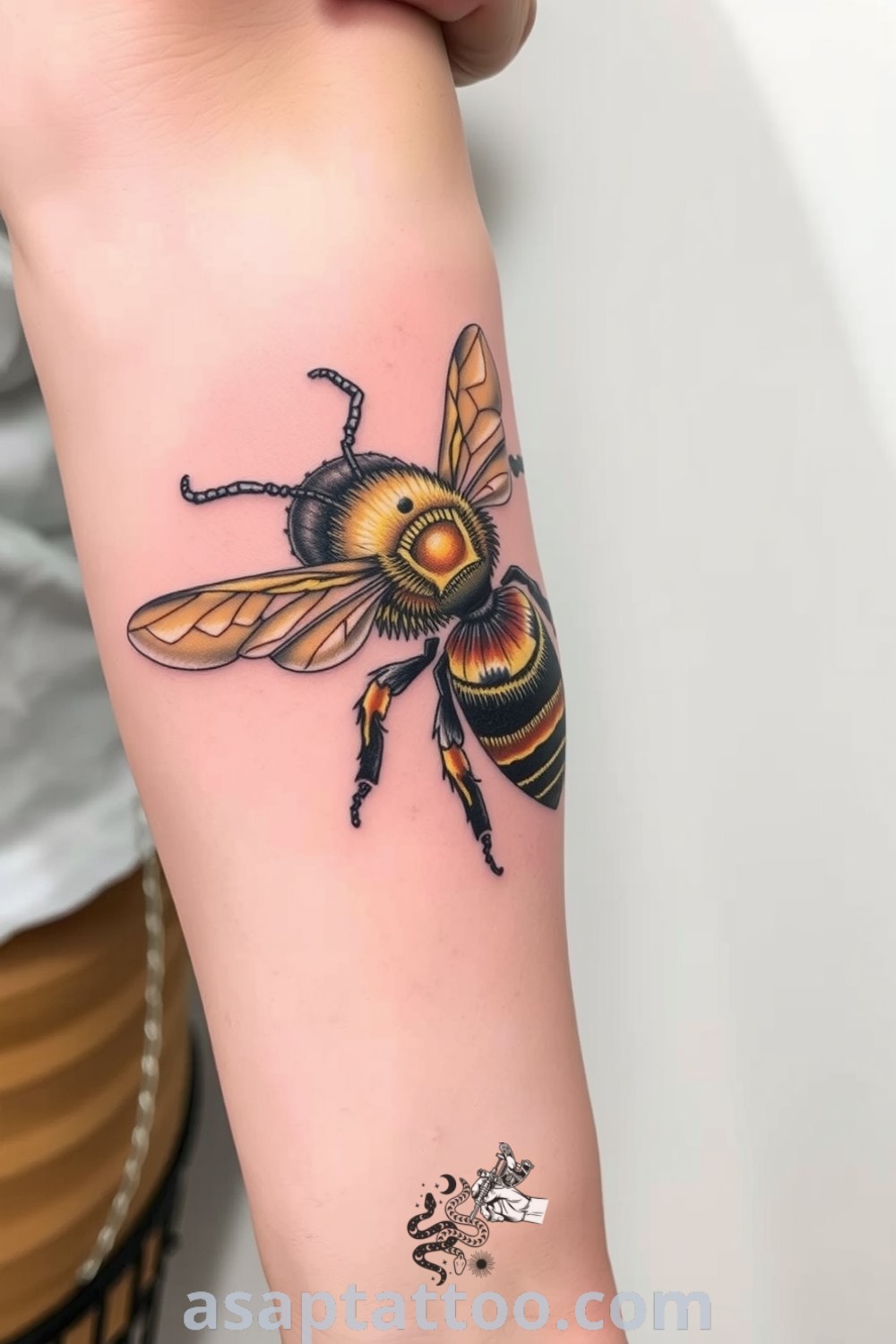 Anatomical bee tattoo with intricate linework, golden yellows, and deep blacks, showcasing detail and contrast. A gorgeous tattoo idea you must see to believe. asaptattoo.com