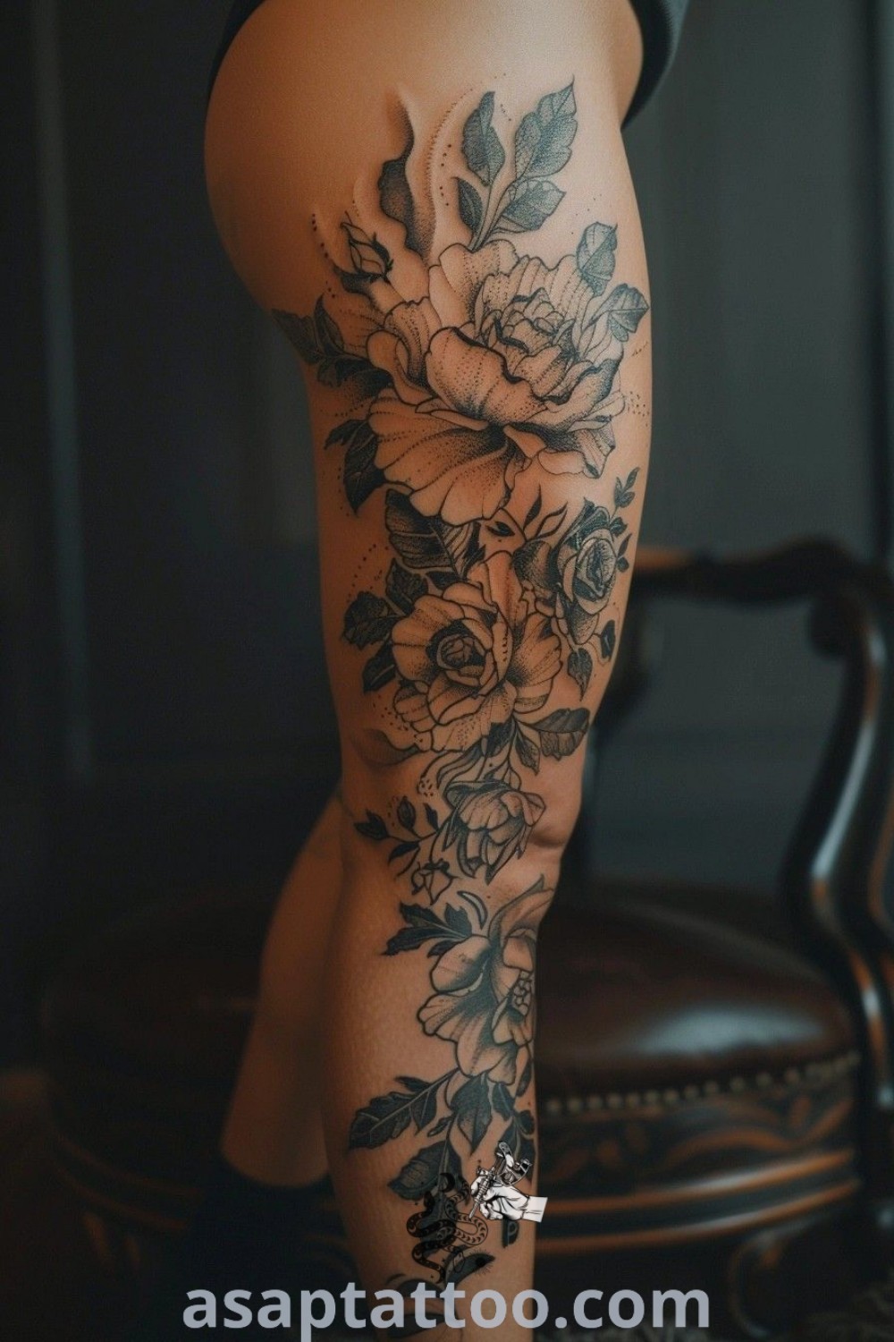 Stunning leg tattoo of flowers, including sunflowers and vines, showcasing elegant design and artistic features. Discover the best tattoo ideas for women at asaptattoo.com.
