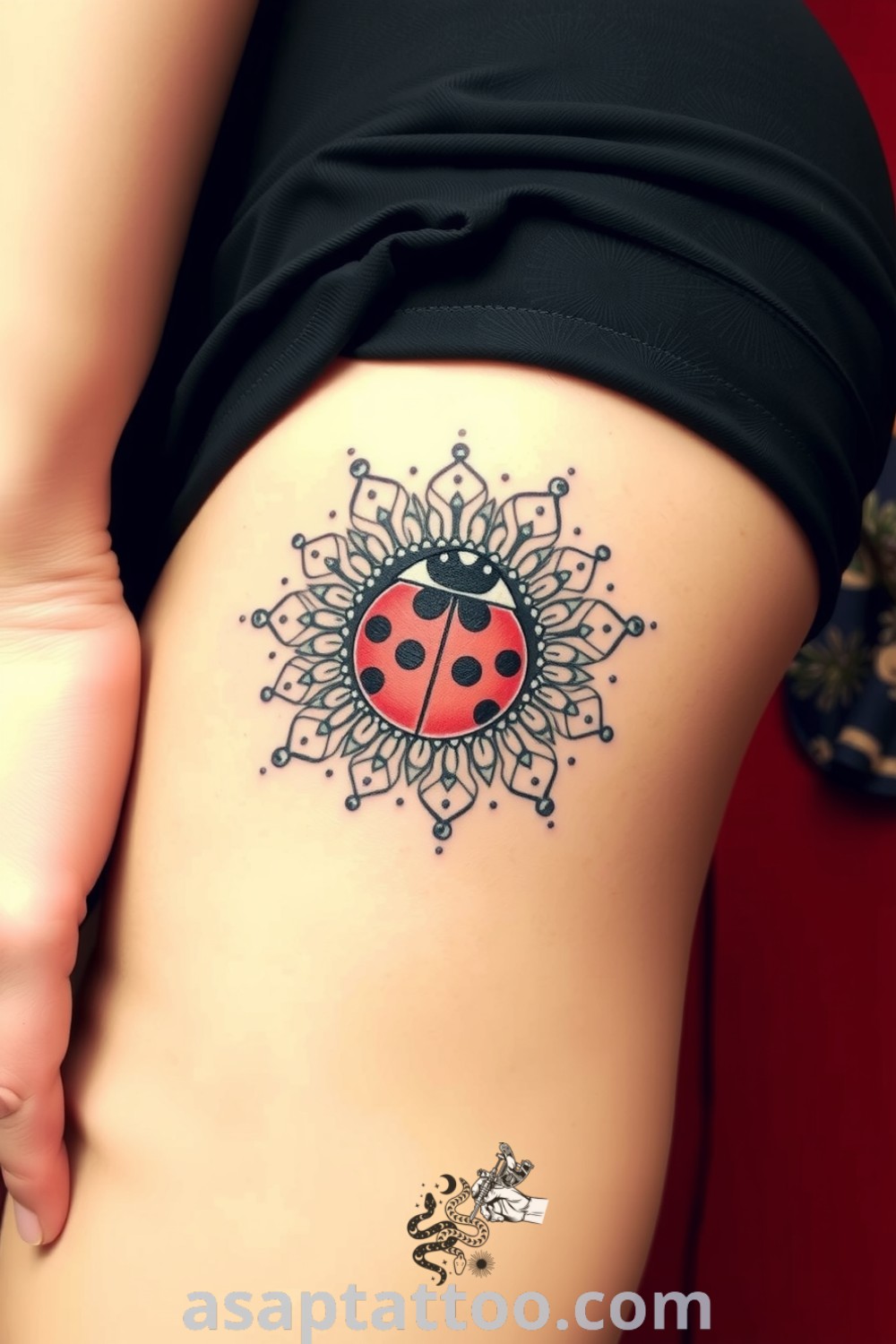 Intricate mandala ladybug tattoo featuring detailed linework, vibrant reds, and deep blacks. A gorgeous tattoo idea with meaning that will inspire you to get inked. asaptattoo.com