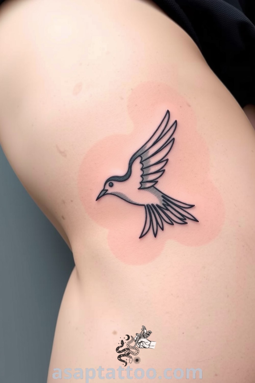Sketch-style bird tattoo on the hip, featuring intricate linework and fluid motion, perfect for those seeking elegant tattoo ideas to inspire you. asaptattoo.com