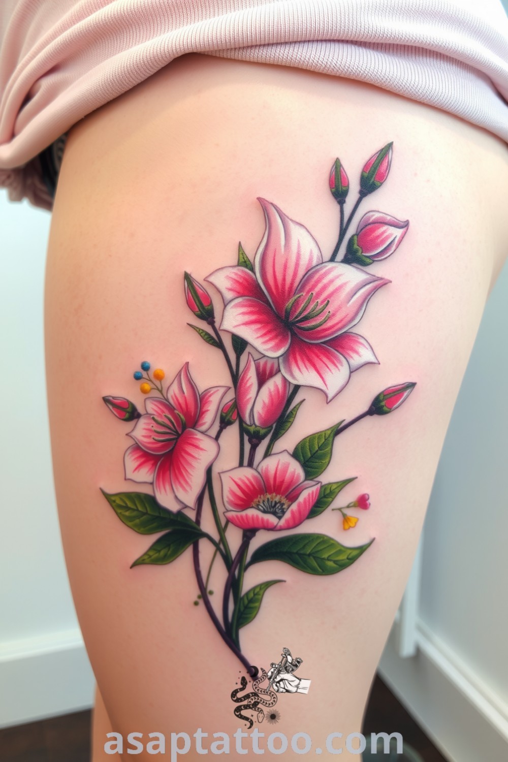Elegant floral thigh tattoo featuring soft, blooming flowers in warm pinks and cool greens with intricate shading. A gorgeous tattoo idea you must see to believe. asaptattoo.com