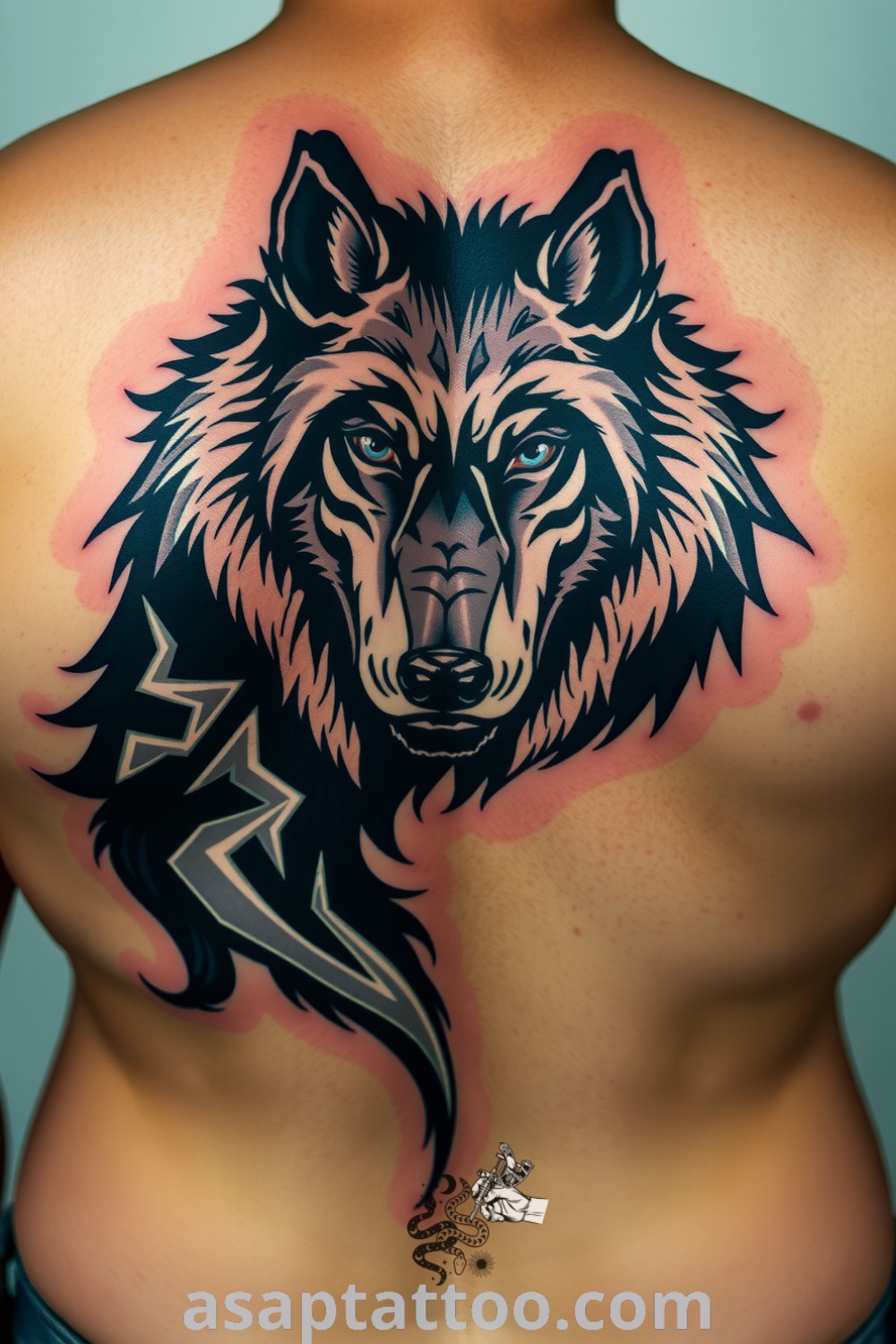 Majestic wolf tattoo on upper back with deep blacks and cool grays, showcasing intricate linework and shading for a lifelike effect. An amazing tattoo idea you must see to believe. asaptattoo.com