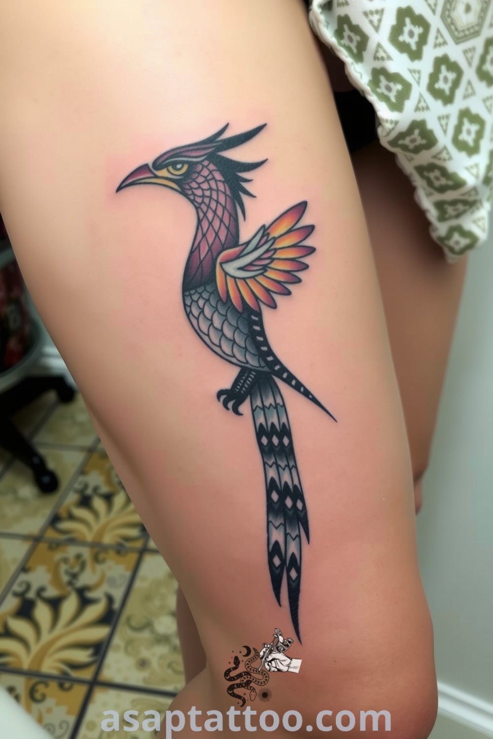 A stunning mythological bird tattoo with intricate linework and rich gradients, showing depth and movement. An elegant tattoo idea you must see for your body decoration. asaptattoo.com