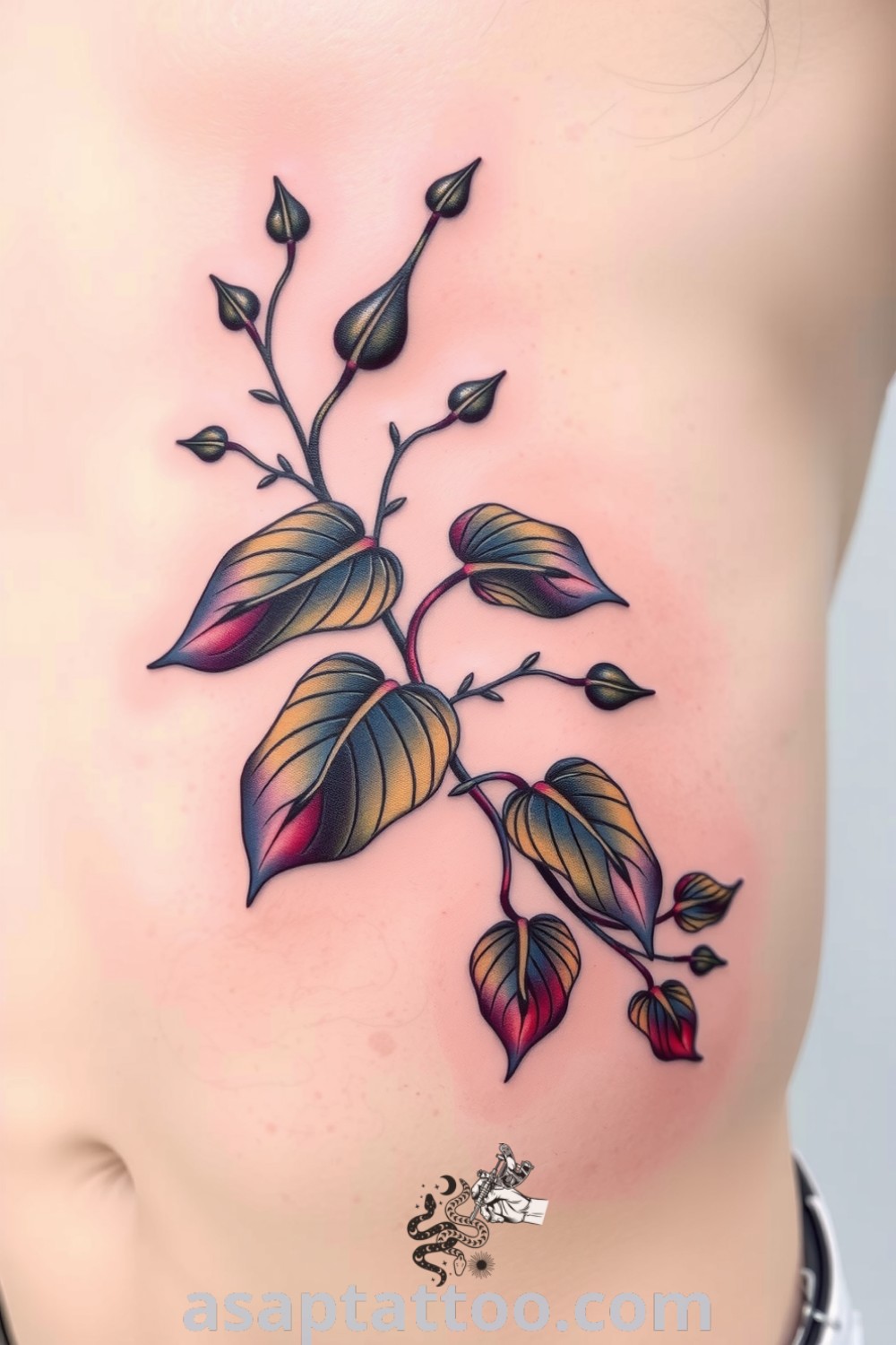 Japanese-style plant tattoo with flowing Ukiyo-e curves and detailed leaves, showcasing rich gradients and delicate linework. An elegant design you must see, perfect for inspiring your next ink idea. asaptattoo.com