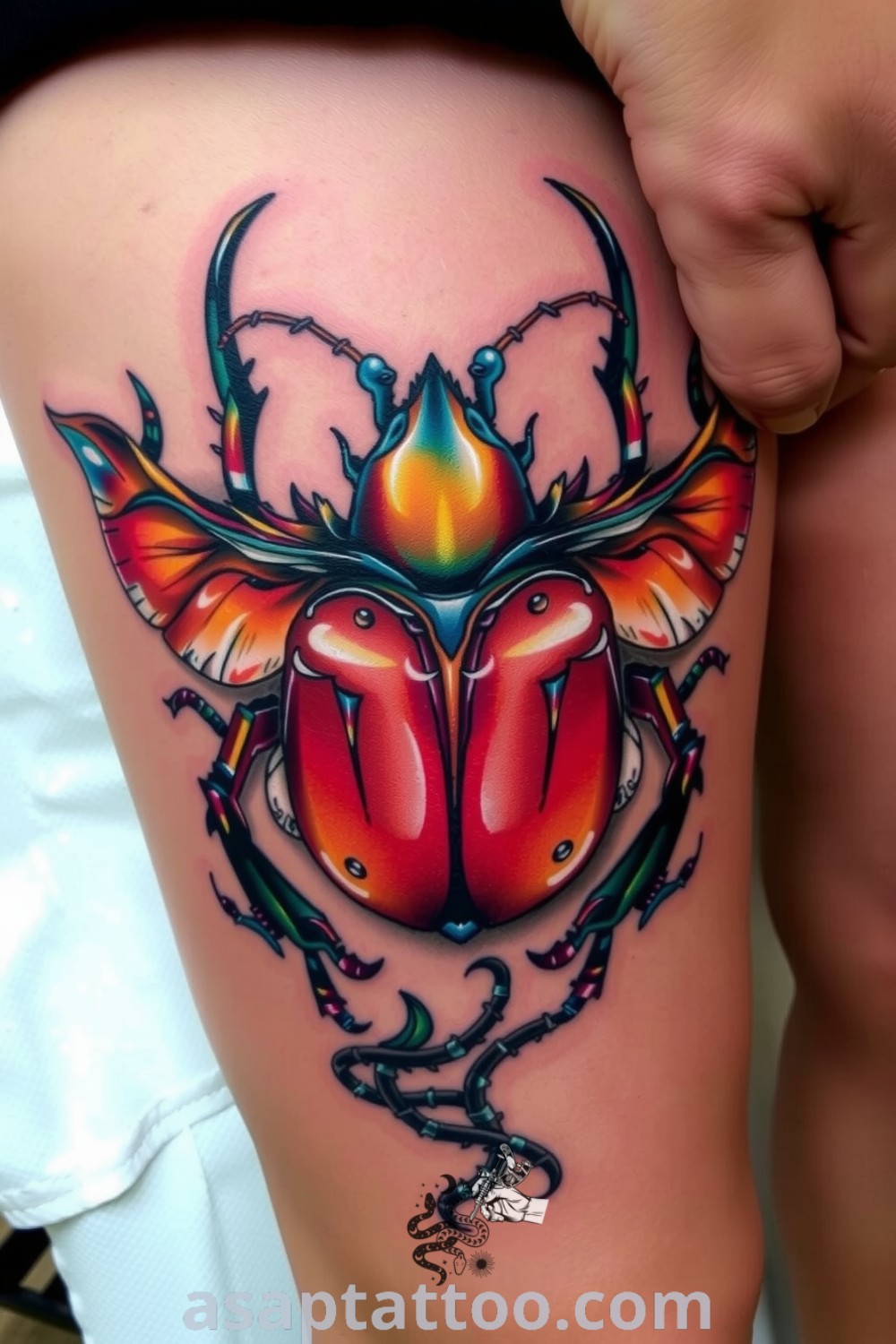 Intricate fantasy beetle tattoo featuring rich colors and meticulous linework, celebrating nature