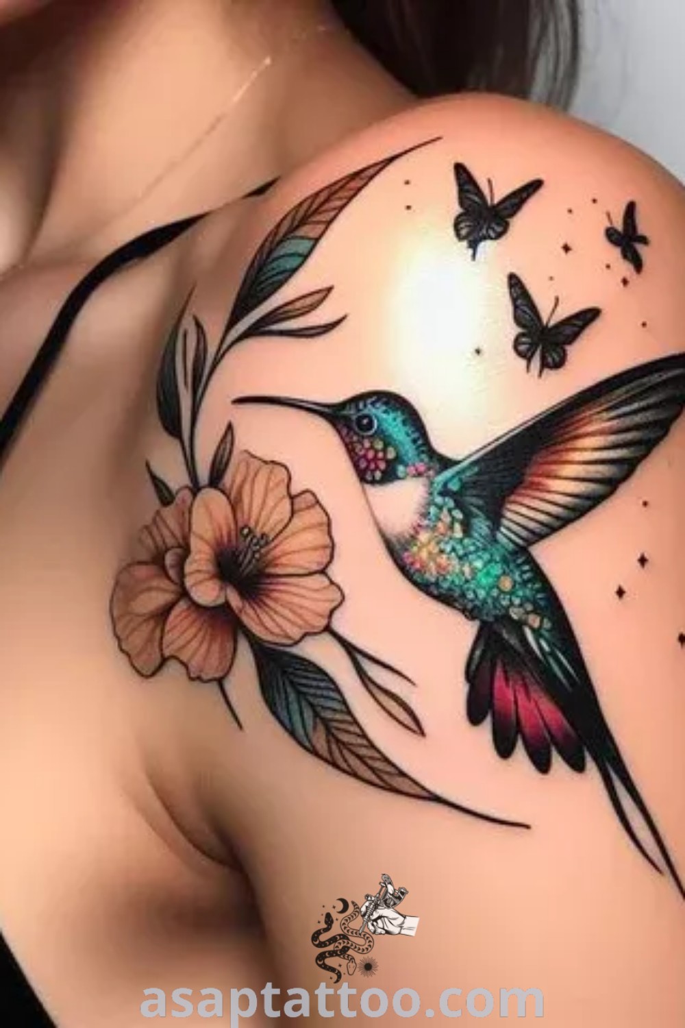 Elegant hummingbird tattoo on a woman