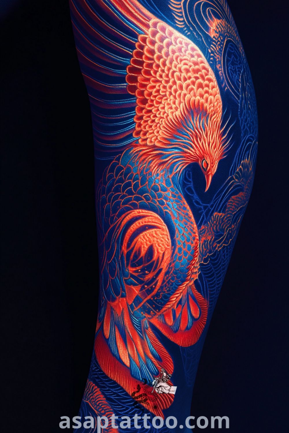Cosmic phoenix tattoo featuring vibrant crimson and deep blue hues with intricate swirling linework. An amazing tattoo design that embodies rebirth and transformation, perfect for those seeking meaningful body art. asaptattoo.com