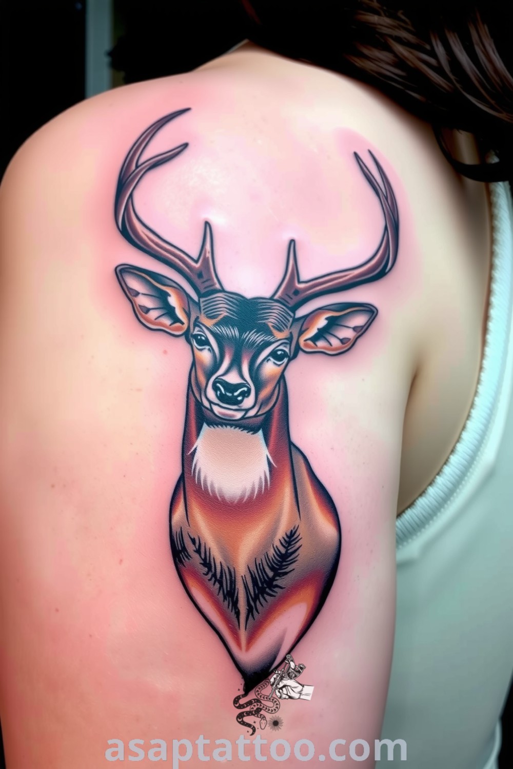 Realistic deer tattoo featuring intricate linework and lifelike textures, enhancing lighter skin tones with earthy tones that create depth. An amazing tattoo idea you must see to believe. asaptattoo.com